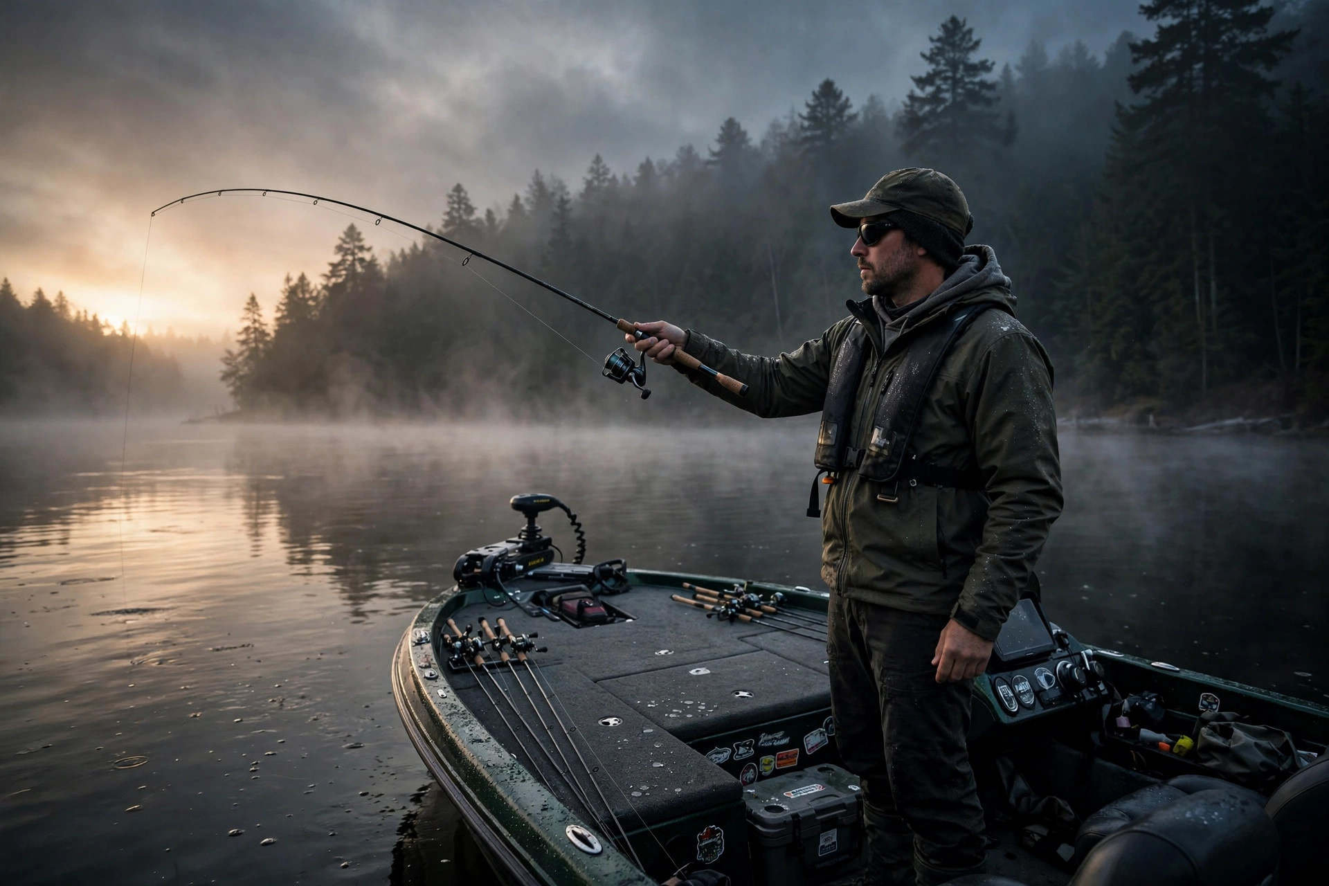 Anglers on a boat at sunset