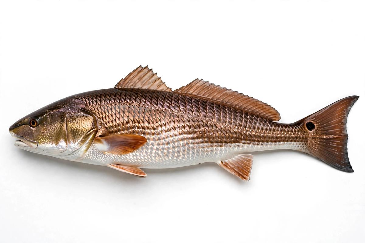 Redfish (red drum) in full side profile on a white background, showing copper-bronze scales and the black spot near its tail