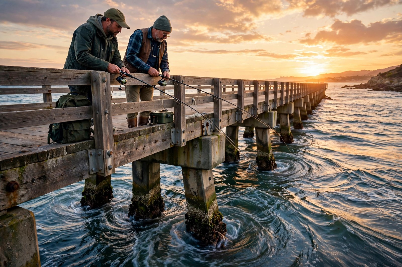 Two anglers fishing from a dock at sunset as the tide begins to move