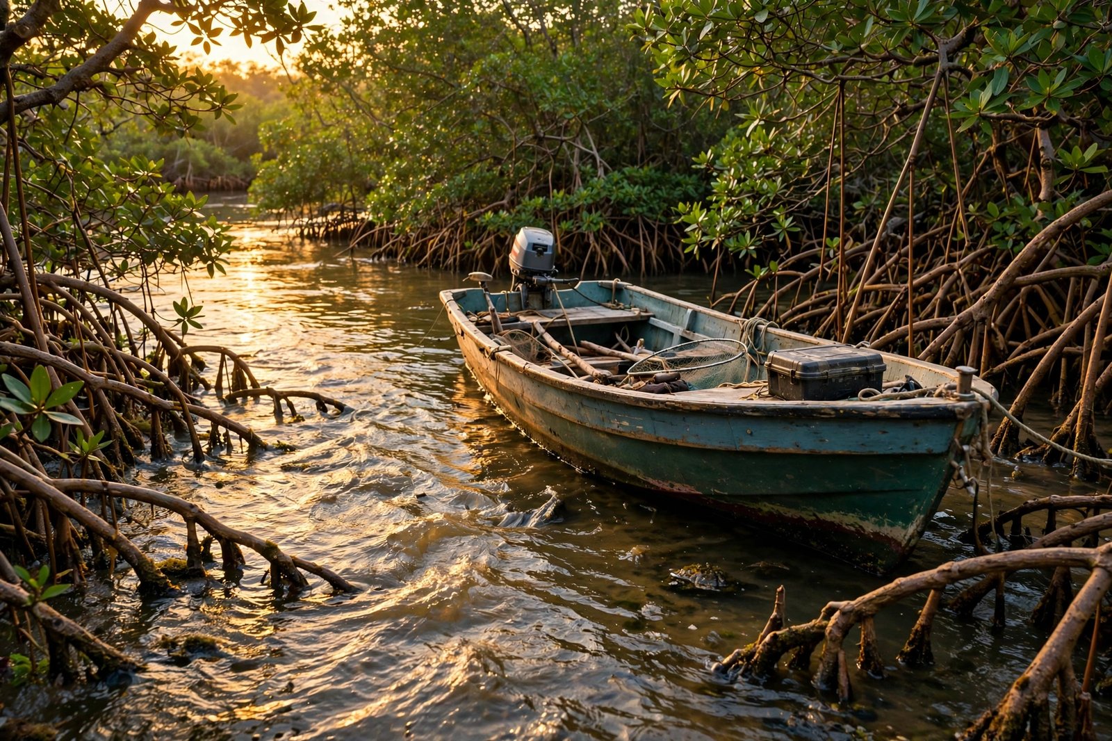 Angler wading through shallow tidal flats at sunset during an outgoing tide